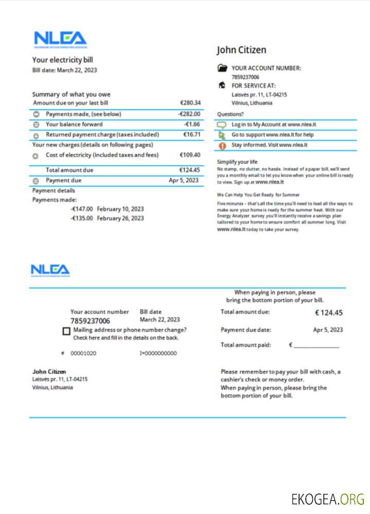 Lithuania National Lithuanian Energy Association utility bill Word and PDF template